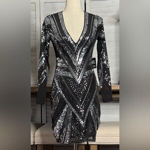Sequin V-Neck Dress - Black and Silver SMALL NWT